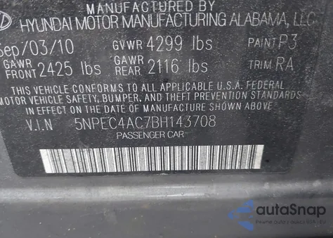 2011 Hyundai Sonata Se z USA, uszkodzony, nr VIN 5NPEC4AC7BH143708